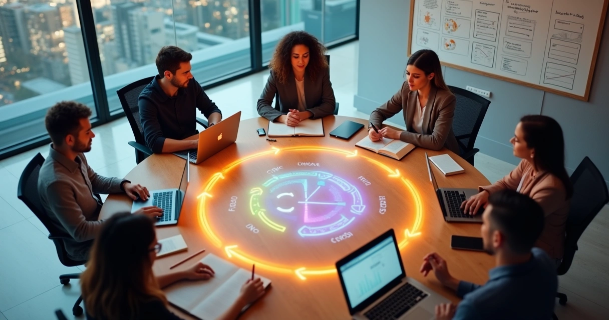 Equipe vista de cima em mesa redonda com fluxo colorido ligando computadores e cadernos 