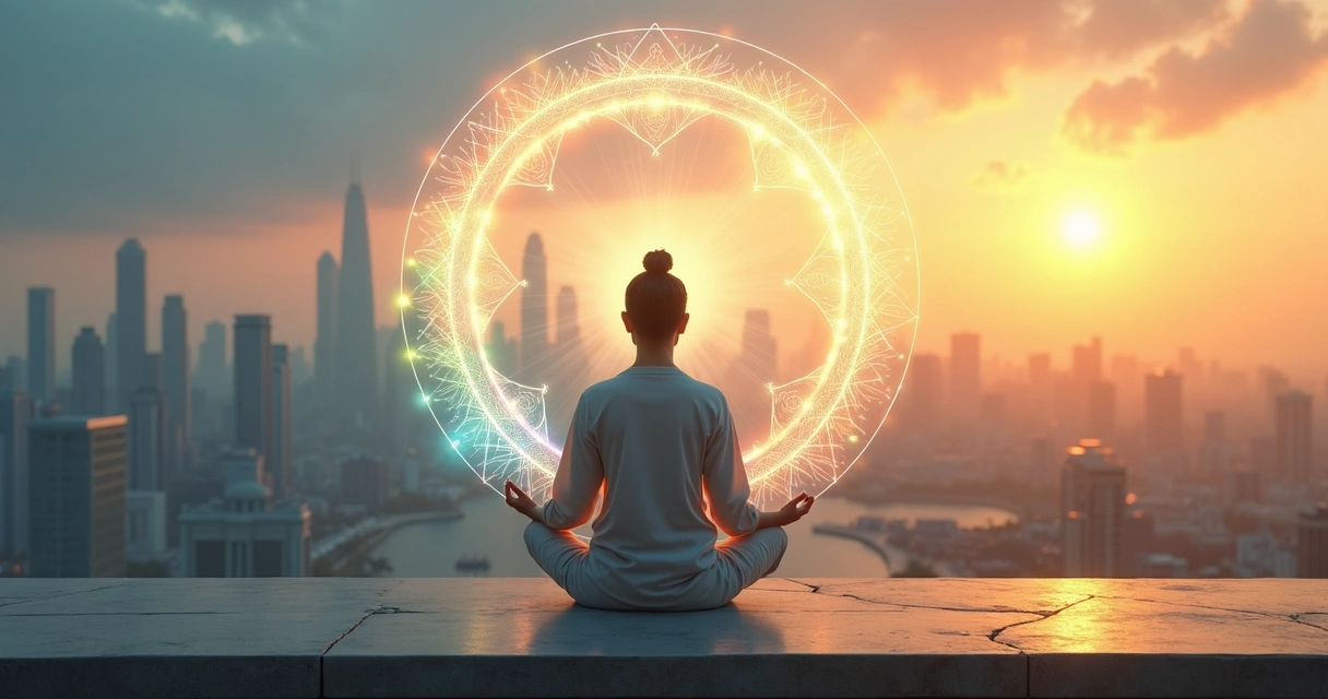 Pessoa em meditação com energia circulando entre mente coração e cidade ao fundo 