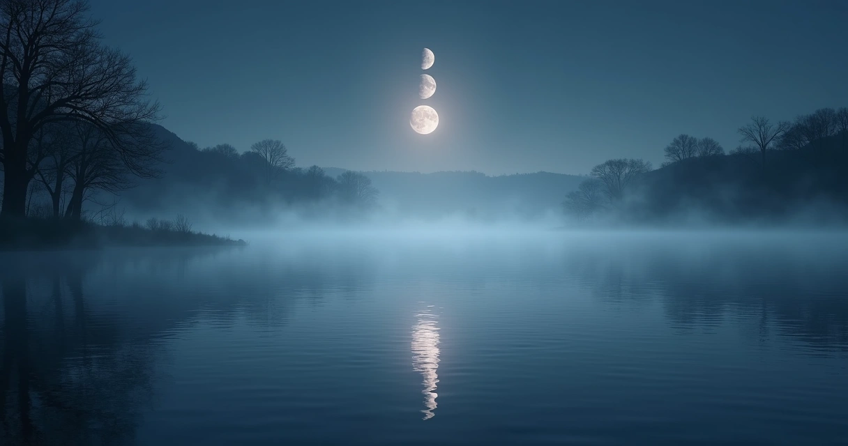 Fases da lua nos céus noturnos refletindo em um lago calmo 