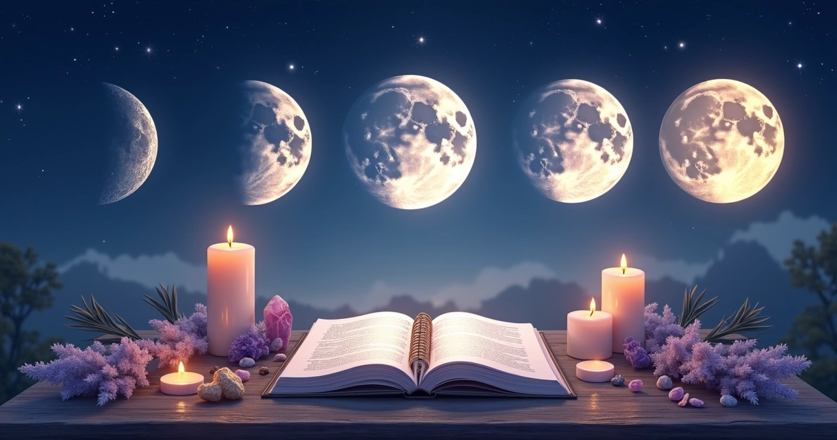 Ilustração das quatro fases principais da lua em sequência 