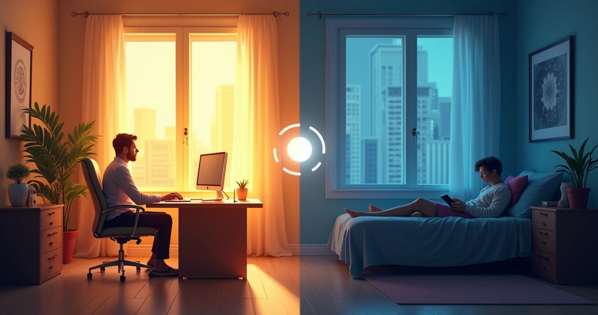 Gráfico colorido mostrando os níveis de energia durante o dia com luz forte e à noite com pouca luz