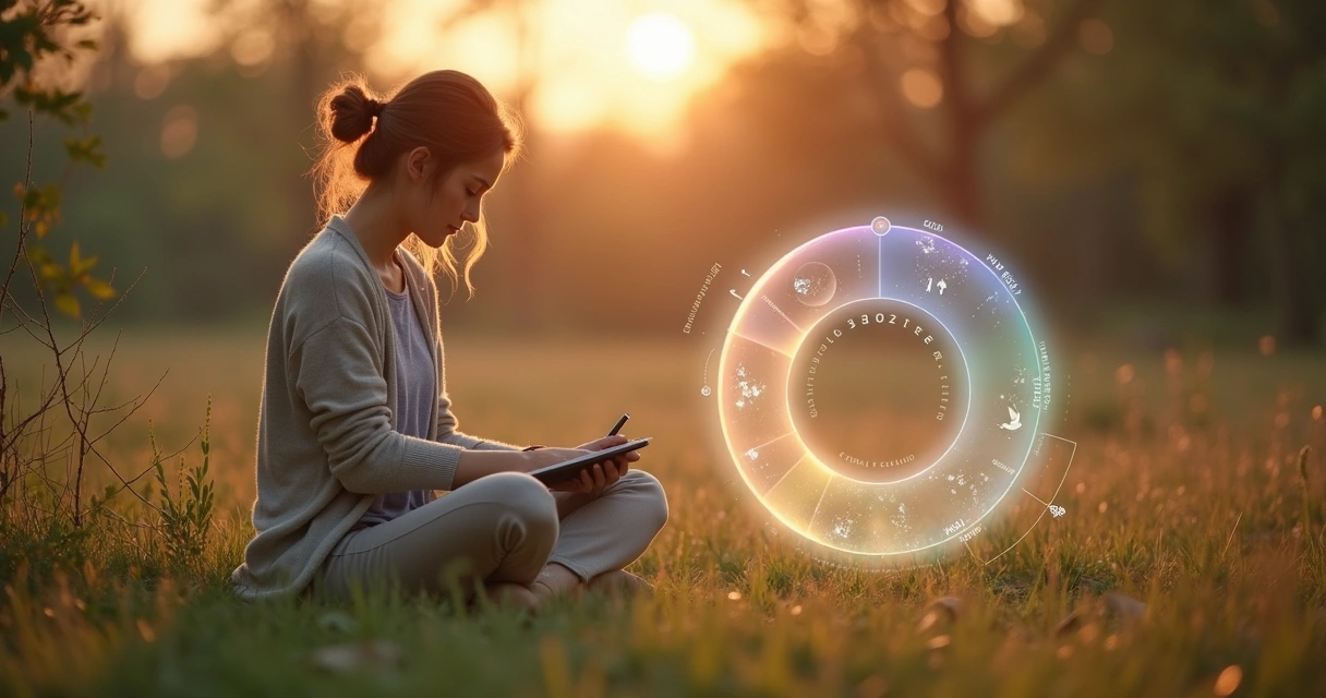 Mujer sentada en la naturaleza observa una espiral de luna y colores emocionales 