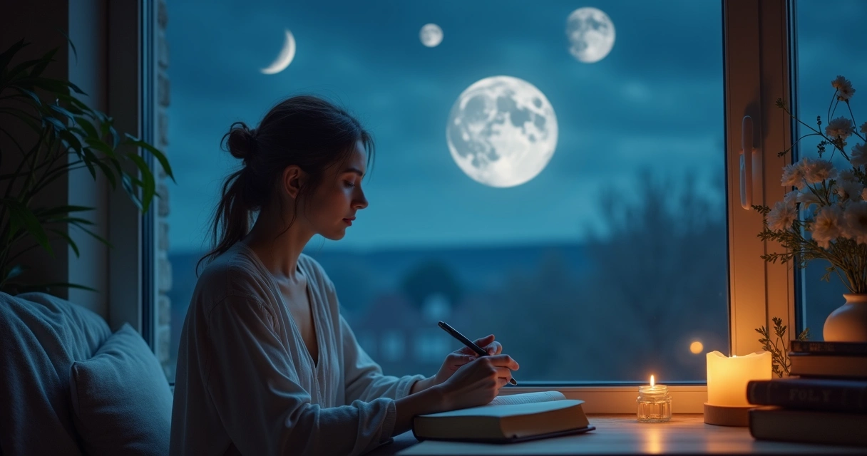 Mulher observando fase da lua em céu estrelado, segurando diário aberto. 