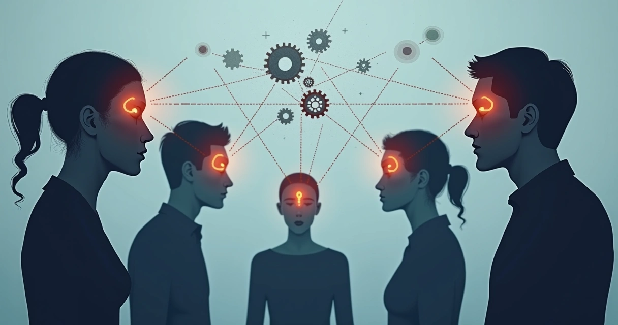 Fluxo ilustrando pessoas em círculo, conectadas por linhas tracejadas, representando padrões comportamentais 