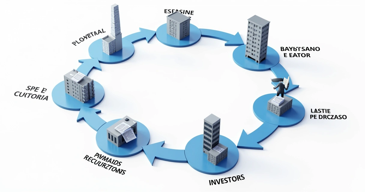 Círculo com setas entre empresas imobiliárias, investidores e agentes de controle 