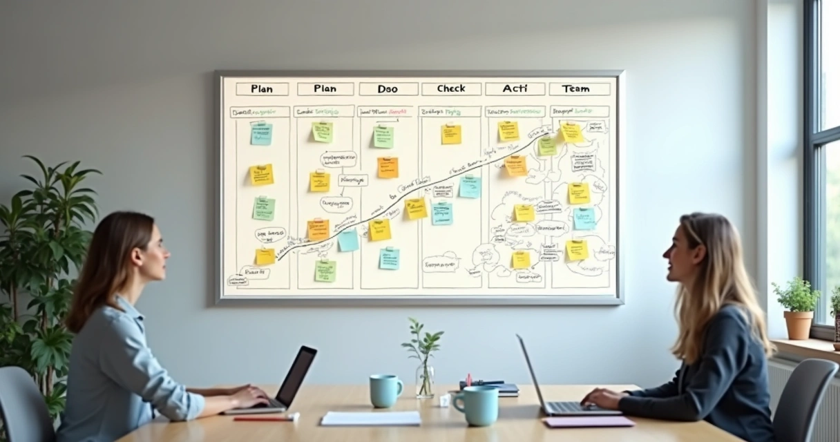 Mural digital mostrando o ciclo PDCA sendo preenchido toda semana com post-its virtuais atualizados 