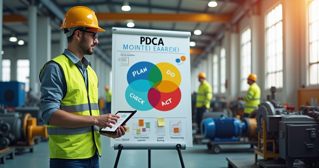 Engenheiro de manutenção aplicando ciclo PDCA em chão de fábrica industrial 