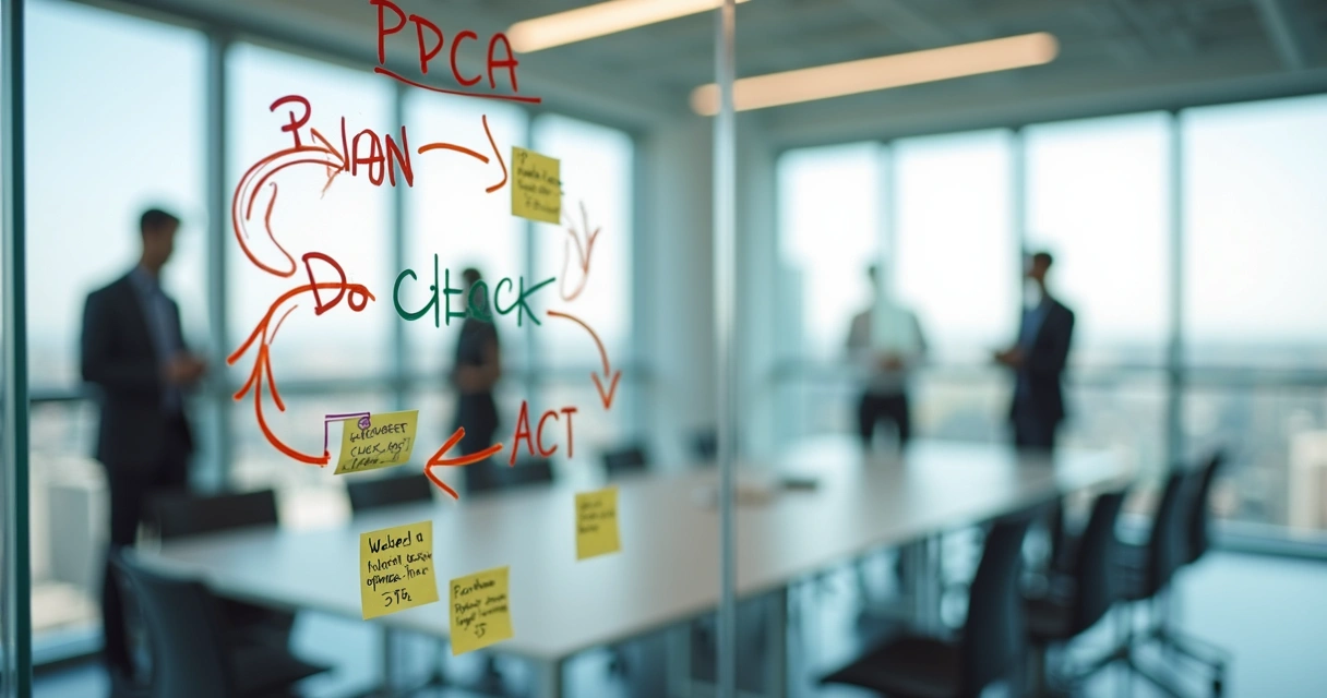 Diagrama PDCA desenhado em vidro 