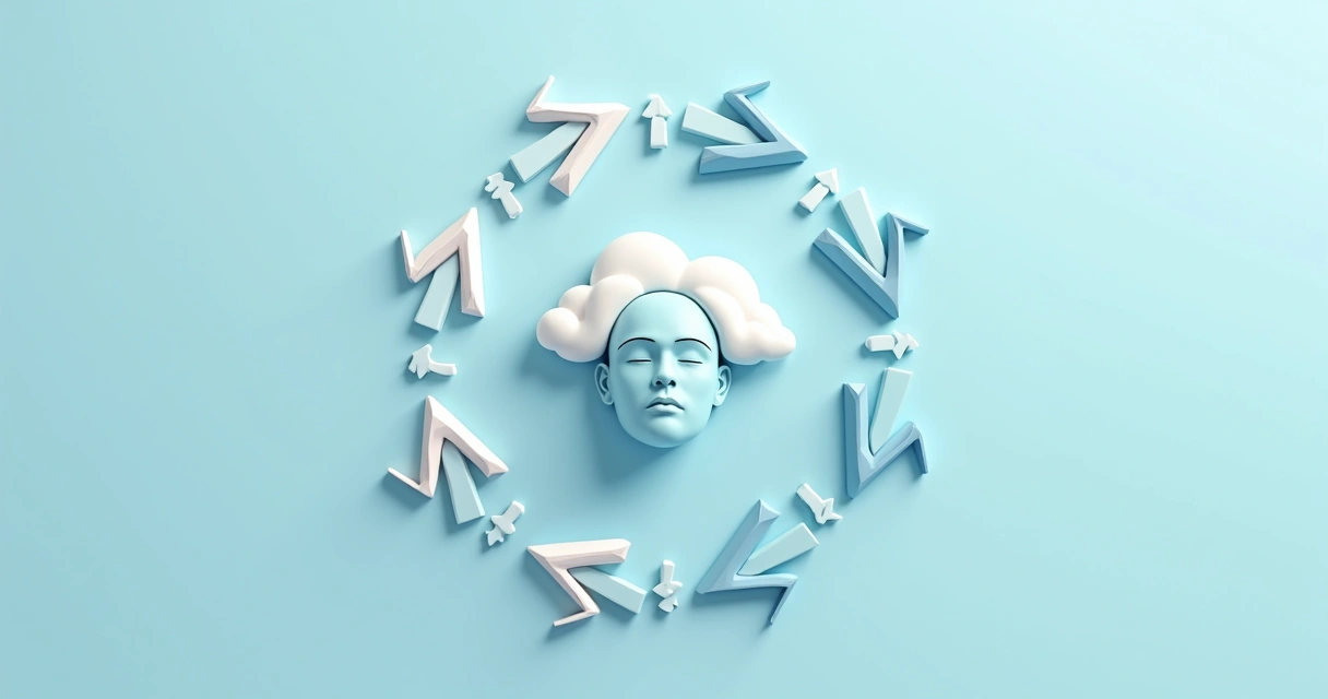 Círculo de setas representando pensamento ruminativo, com ícones de nuvens e rosto pensativo 