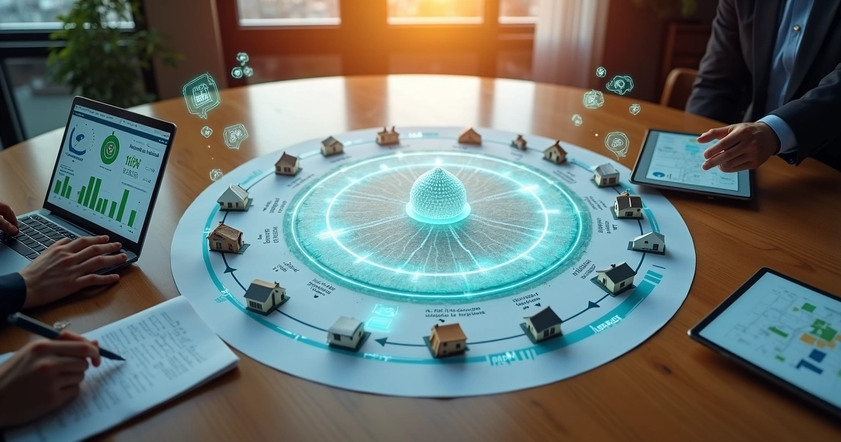 Visual do ciclo de recompra imobiliário com fluxo de clientes conectado por IA 