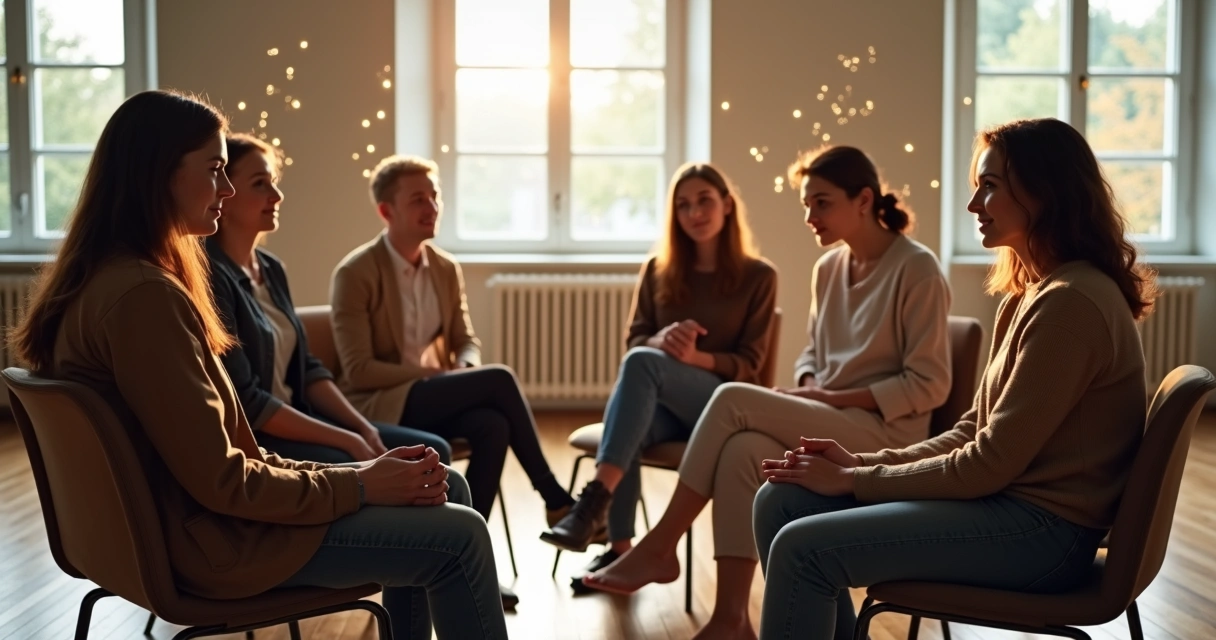 Grupo de pessoas em círculo informal conversando, com linhas suaves conectando cada pessoa 