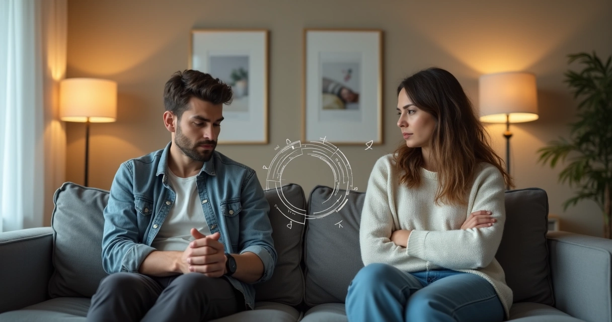 Casal sentado em lados opostos do sofá representando ciclo repetitivo no relacionamento 