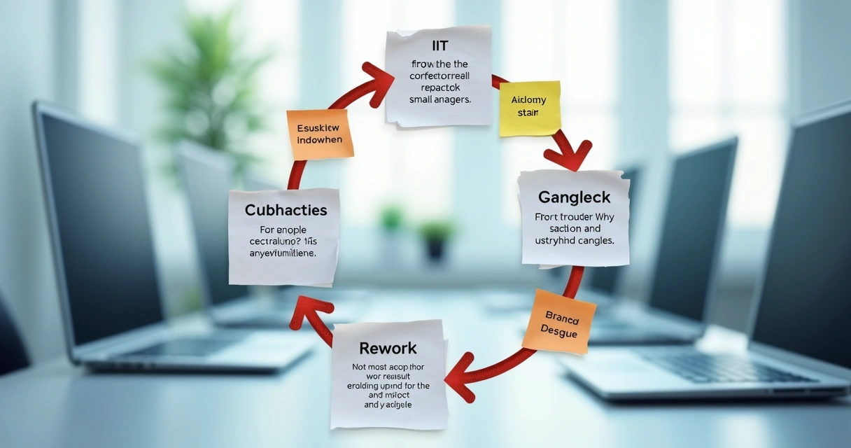 Fluxo de processos de TI com retrabalho e falhas 