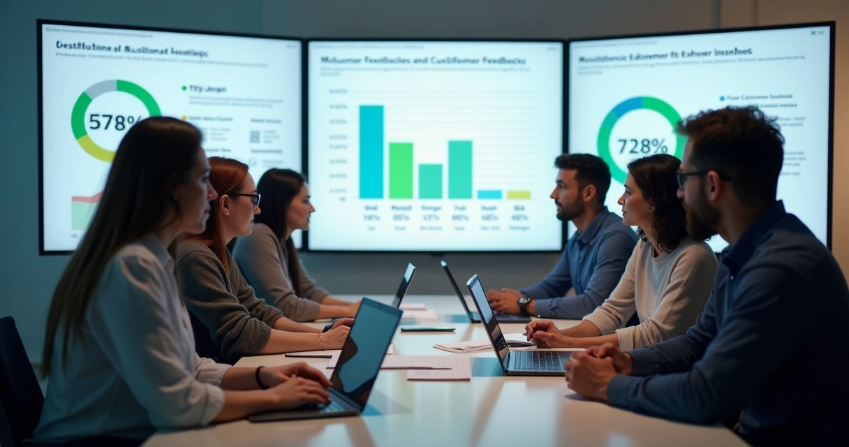 Equipe analisando dados de atendimento em sala de reunião 