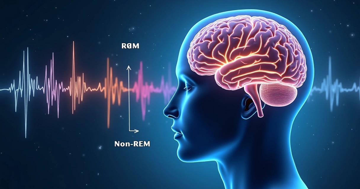 Ciclos do sono representados por ondas cerebrais em fundo azul 