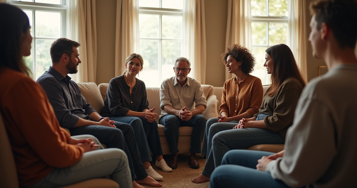 Grupo sentado em círculo compartilhando experiências