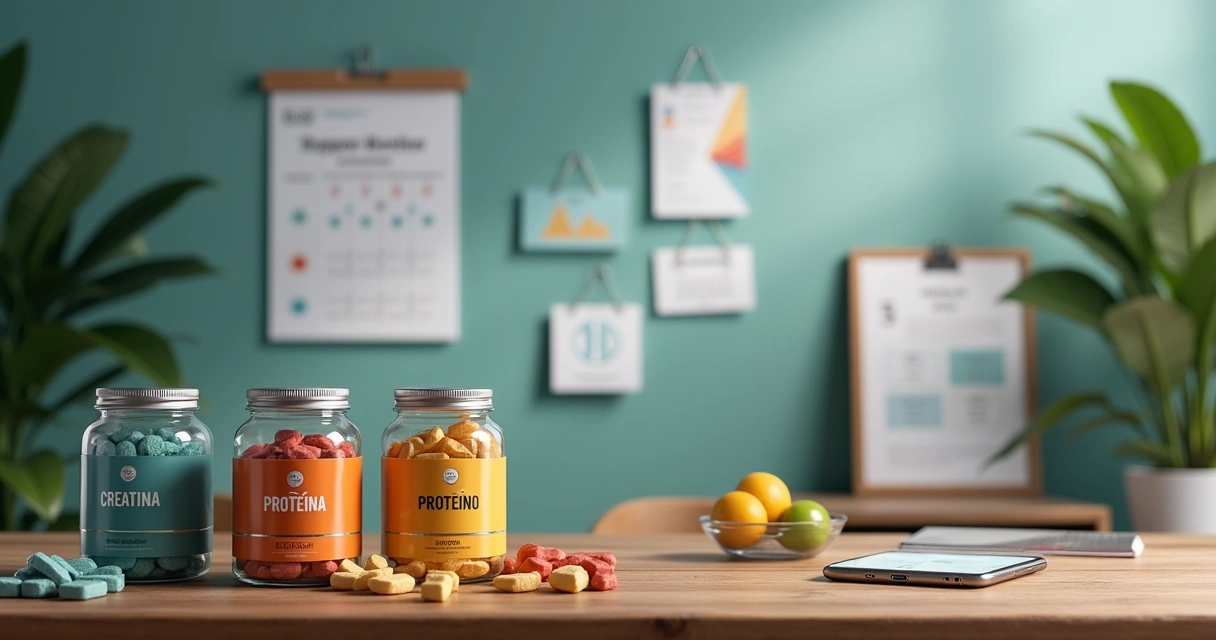 Frascos de creatina, proteína e pré-treino em mesa de madeira com caderno e smartphone ao fundo.