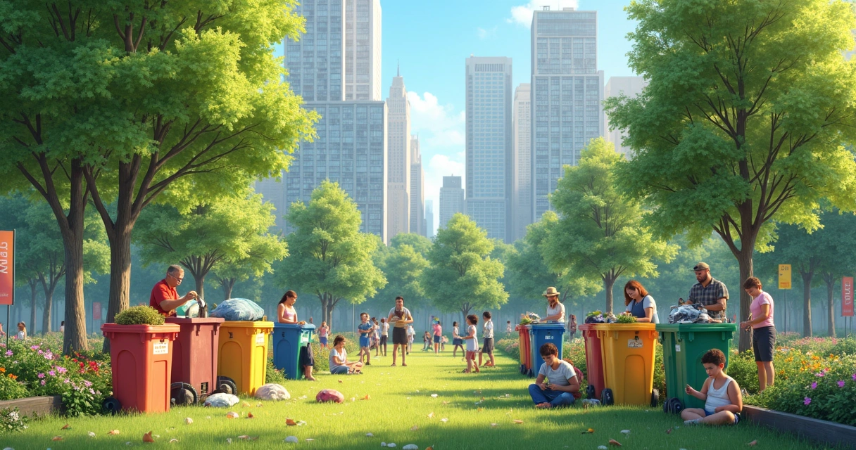 Grupo de pessoas reciclando e plantando em praça urbana