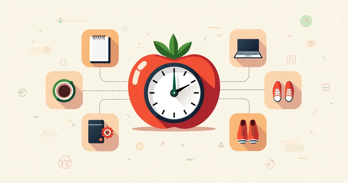 Ciclo visual da técnica Pomodoro com um timer e blocos de foco