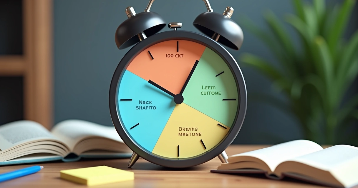 Ciclos de estudo Pomodoro em relógio com livros e caneta 