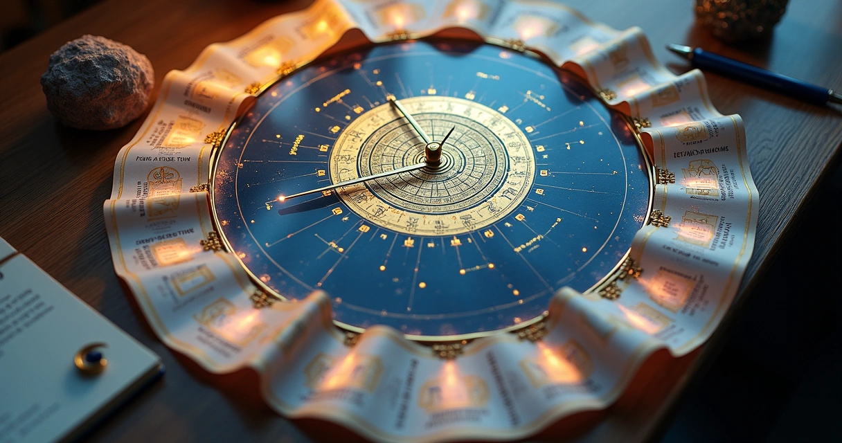 Calendário circular astral misturando relógio e mapa do céu 