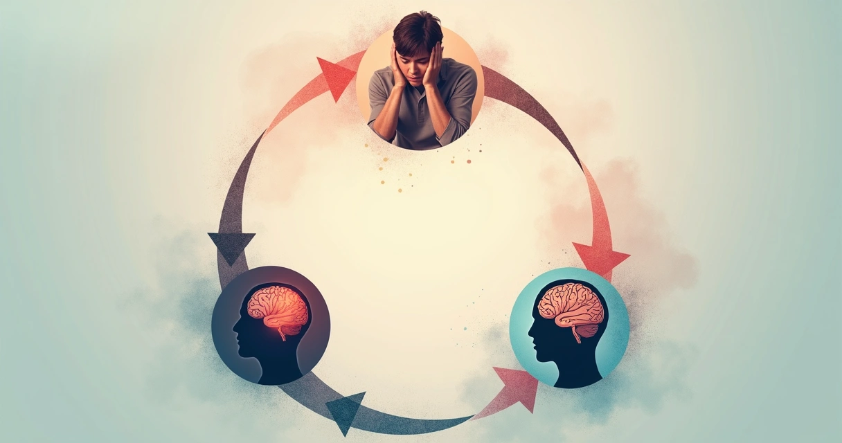 Ilustração conceitual de um ciclo entre trauma e ansiedade, com setas circulares conectando imagens de uma pessoa ansiosa, um cérebro em alerta e um coração acelerado. 