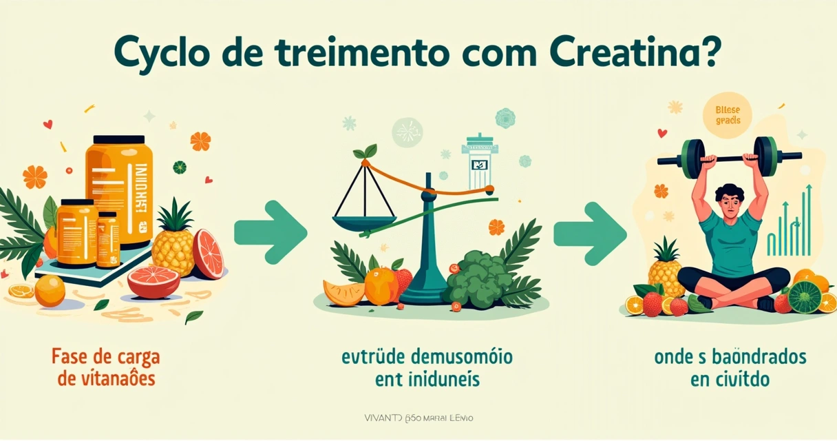 Representação de um ciclo de treinamento com creatina, destacando fases de carga e manutenção com elementos de fitness.