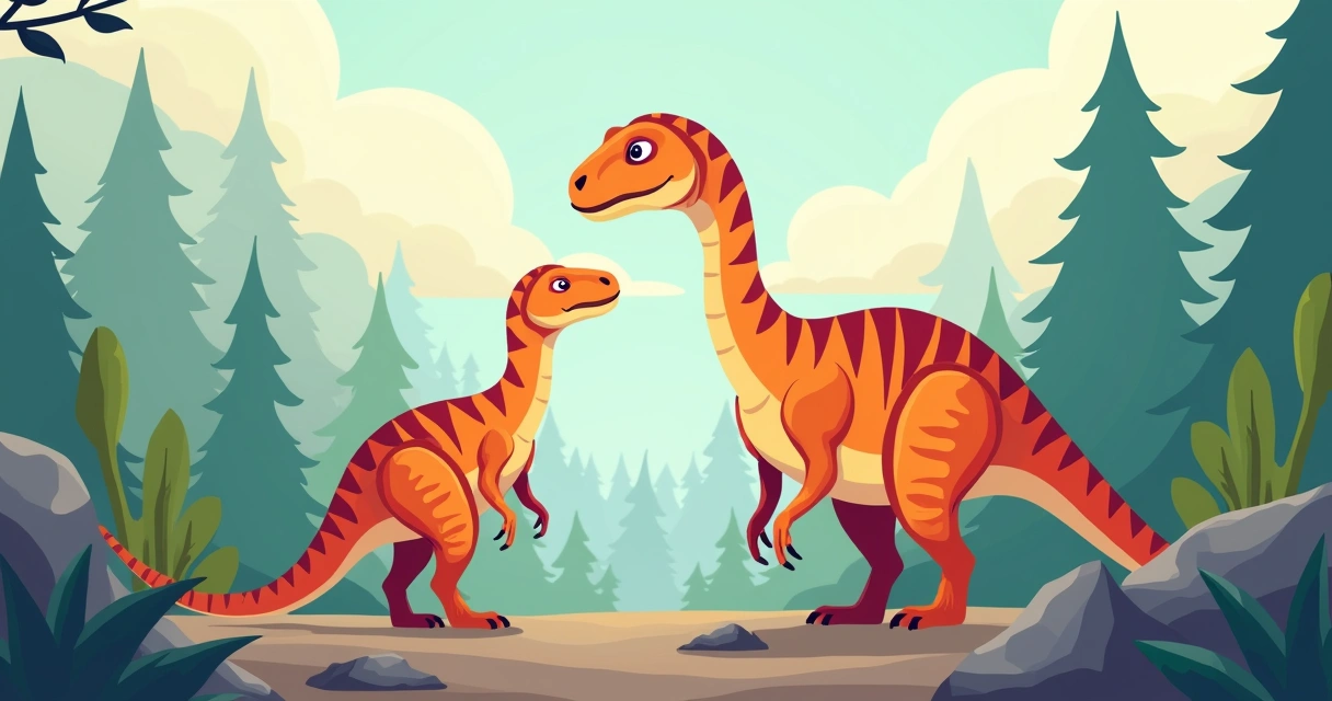Dinossauro jovem colorido ao lado de adulto com cores diferentes 