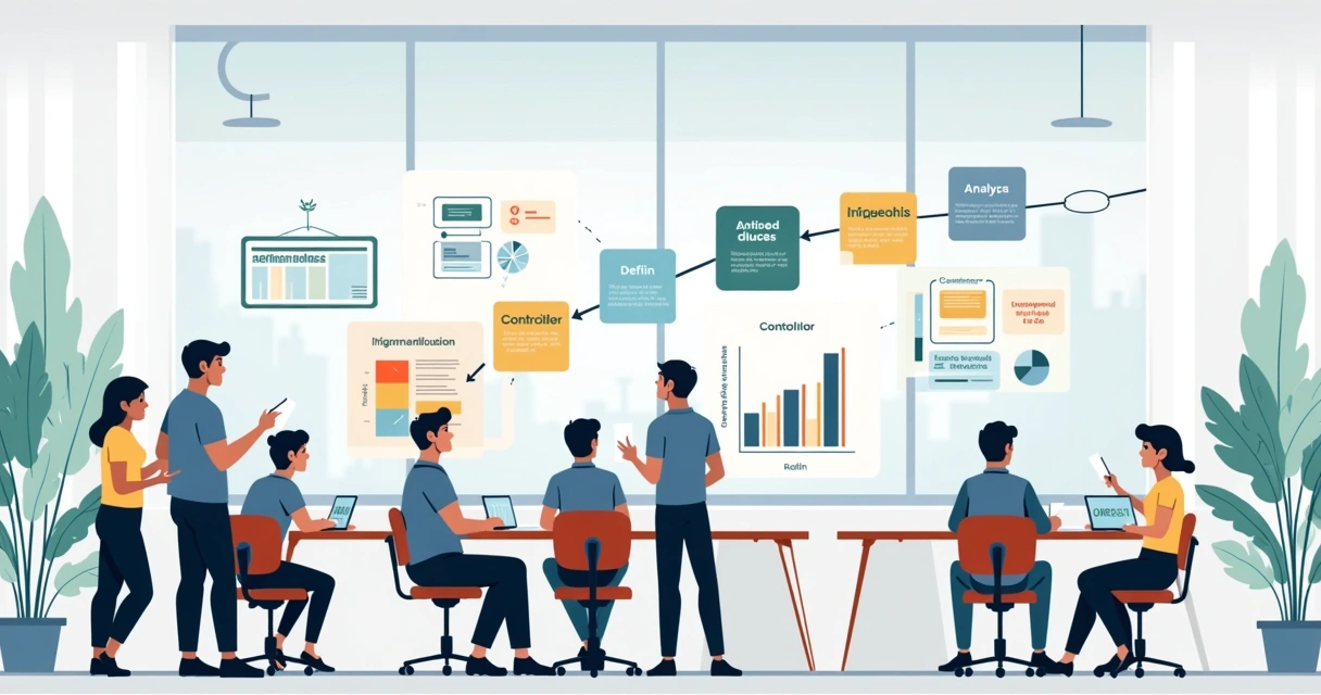 Ilustração do ciclo DMAIC em um escritório com equipe analisando dados e gráficos em um ambiente profissional.