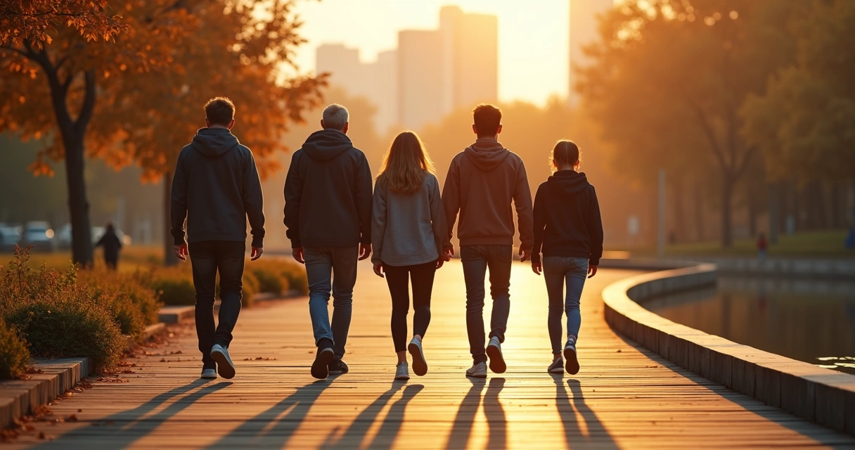 Quatro amigos caminhando em passarela que mostra fases diferentes da vida ao fundo 