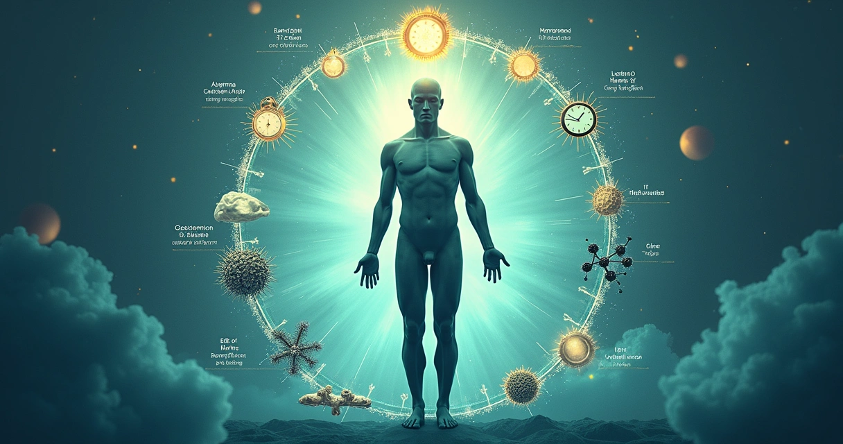 Desenho do corpo humano rodeado por representações de ciclos biológicos, como relógios e gráficos circulares