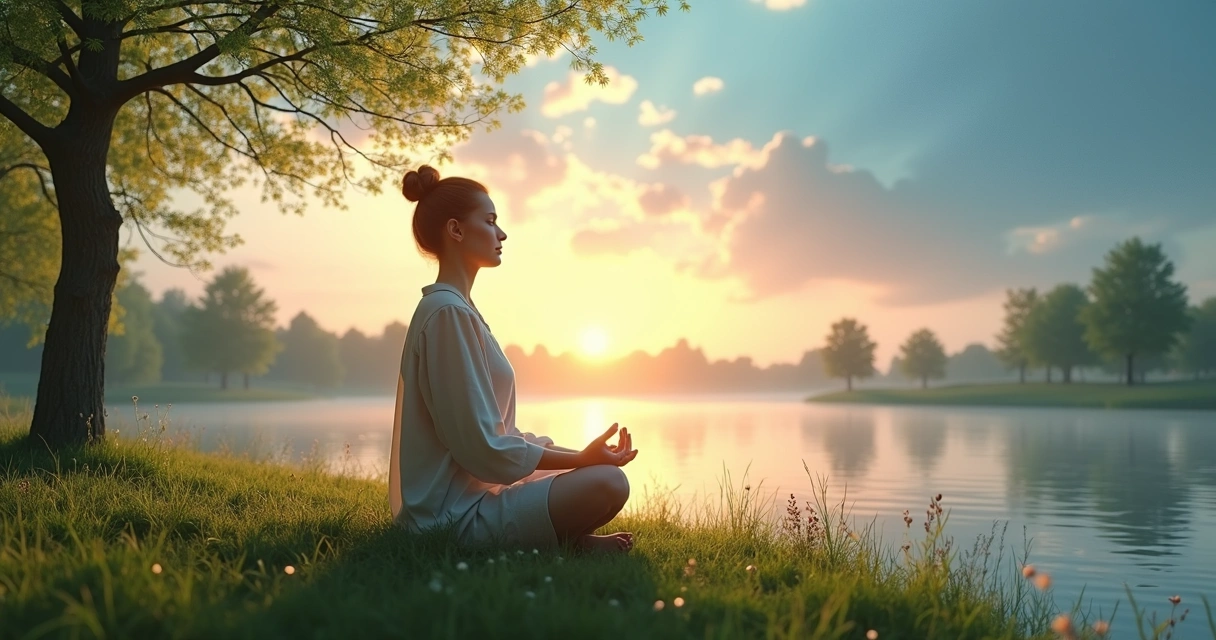 Pessoa meditando ao ar livre cercada por ciclos naturais do dia 