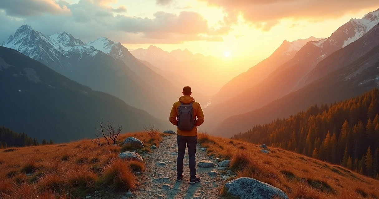 Persona en un sendero de montaña observando un paisaje en cuatro estaciones 
