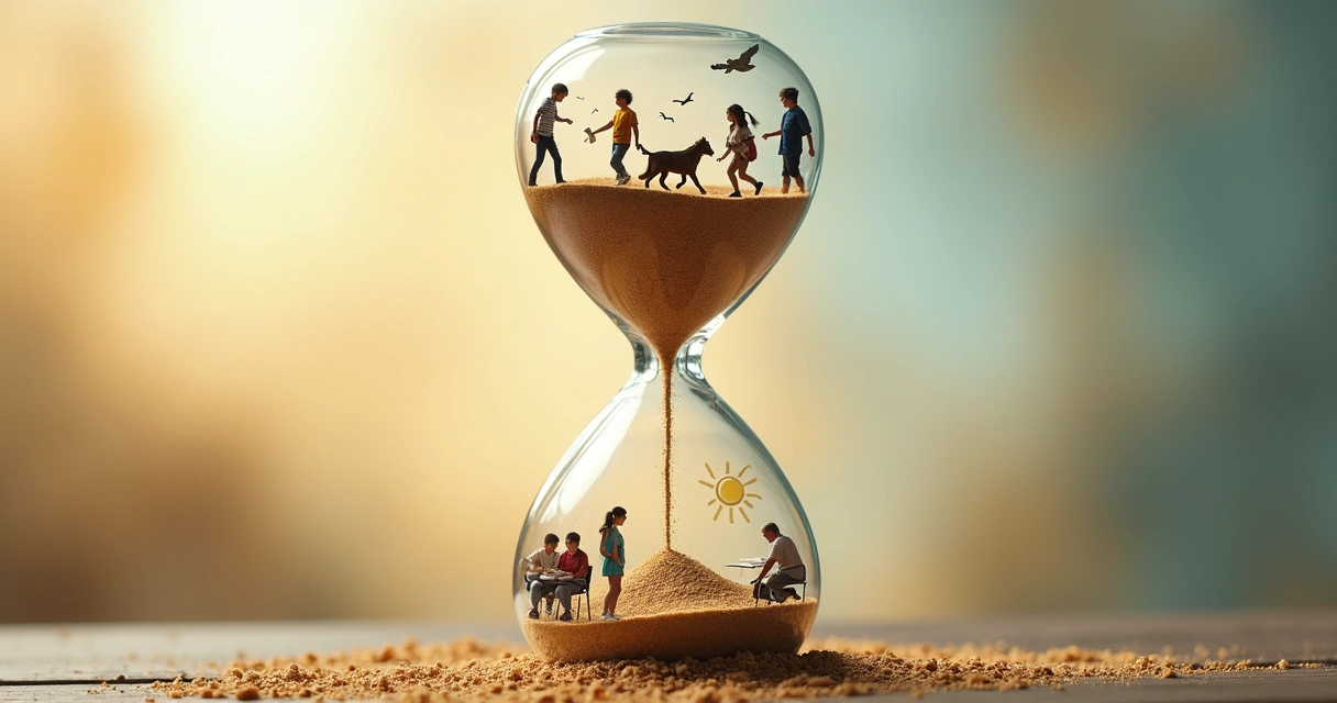 Reloj de arena con diferentes escenas de vida en cada parte