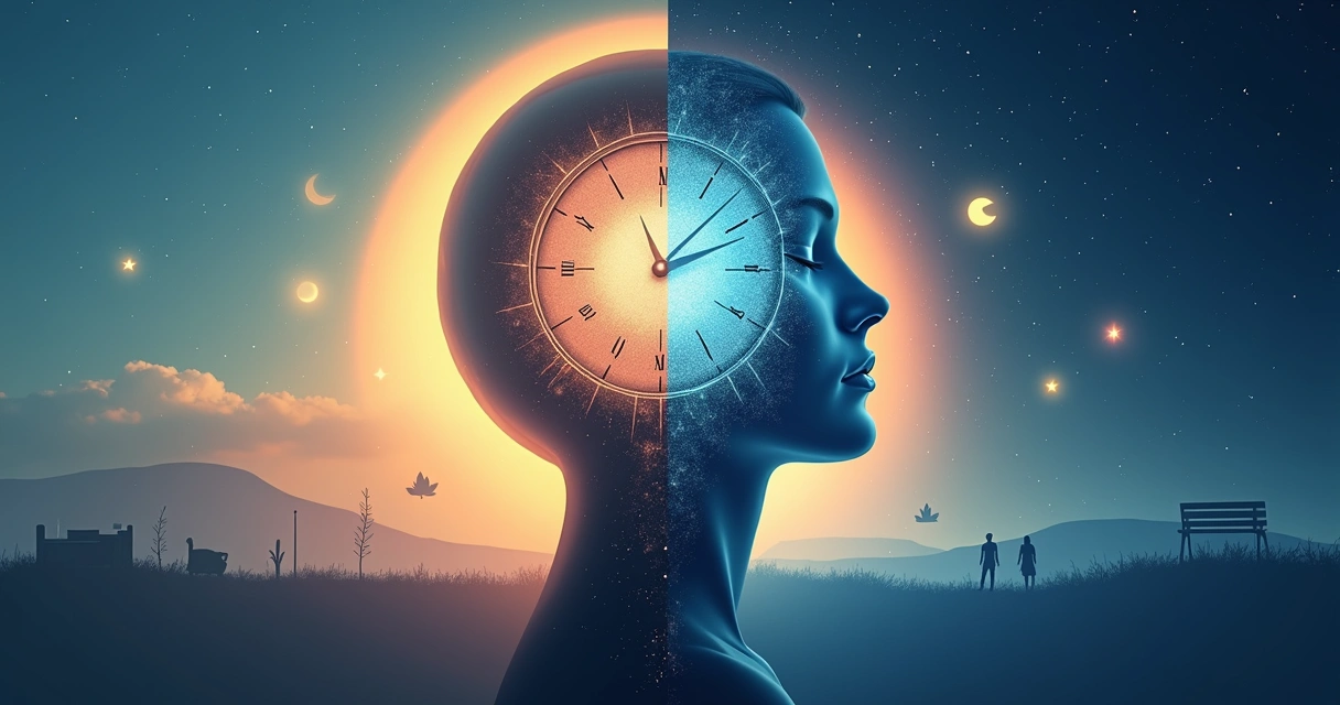 Ilustración de un rostro humano fusionado con un reloj rodeado de las fases del día 