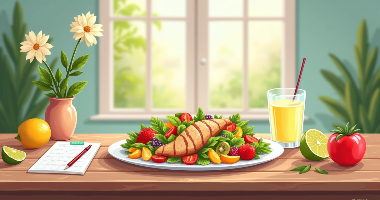 Ilustração de mesa com comida saudável e caderno, destacando os ciclos de dieta com dias de restrição e liberdade.