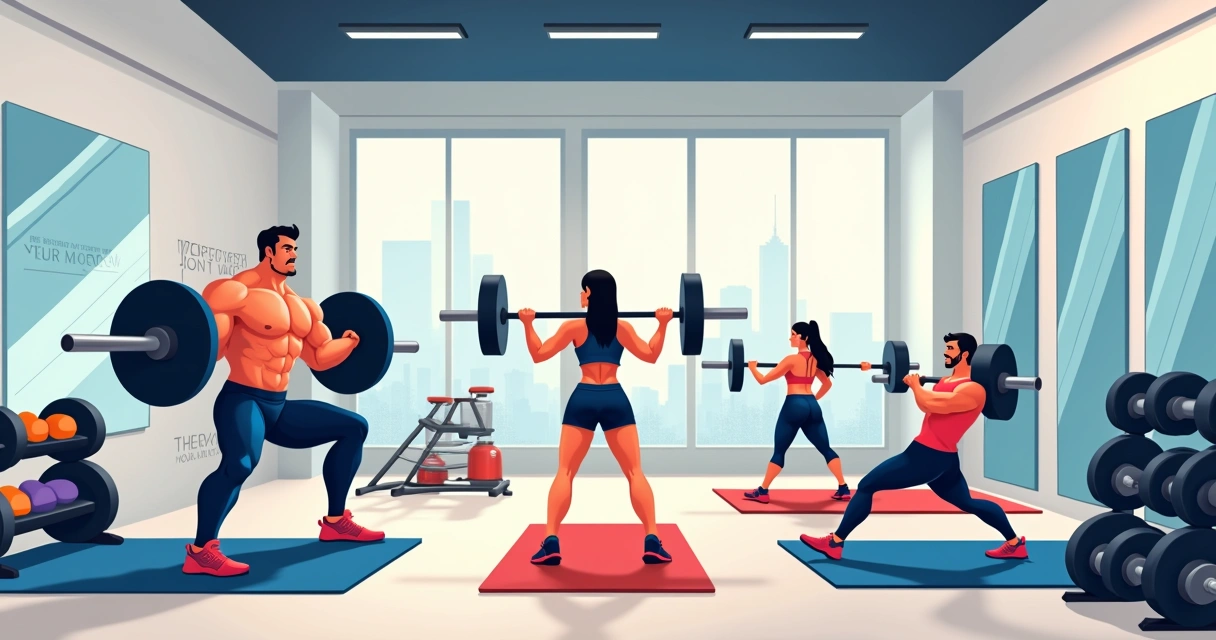 Grupo diversificado de pessoas em uma academia moderna, treinando diferentes ciclos de musculação.
