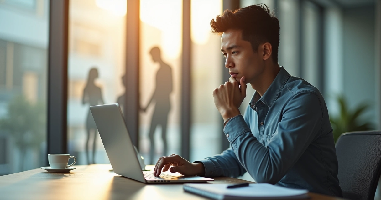 Profissional em um escritório com sombras sutis de família ao fundo 
