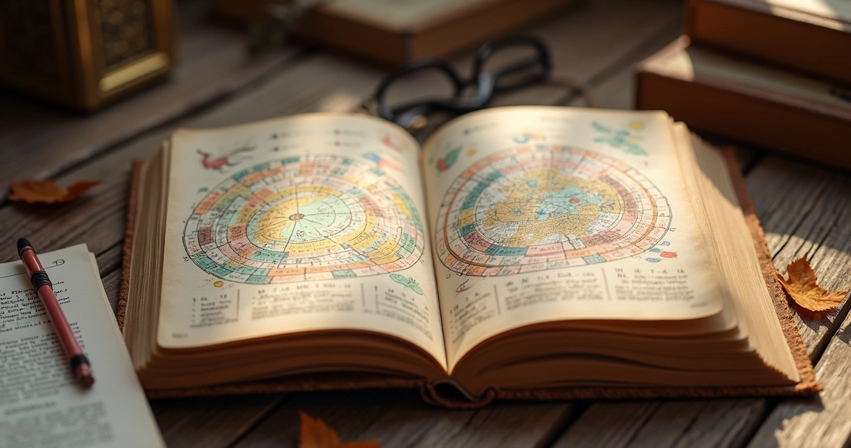 Livro de astrologia aberto sobre uma mesa de madeira com anotações ao lado