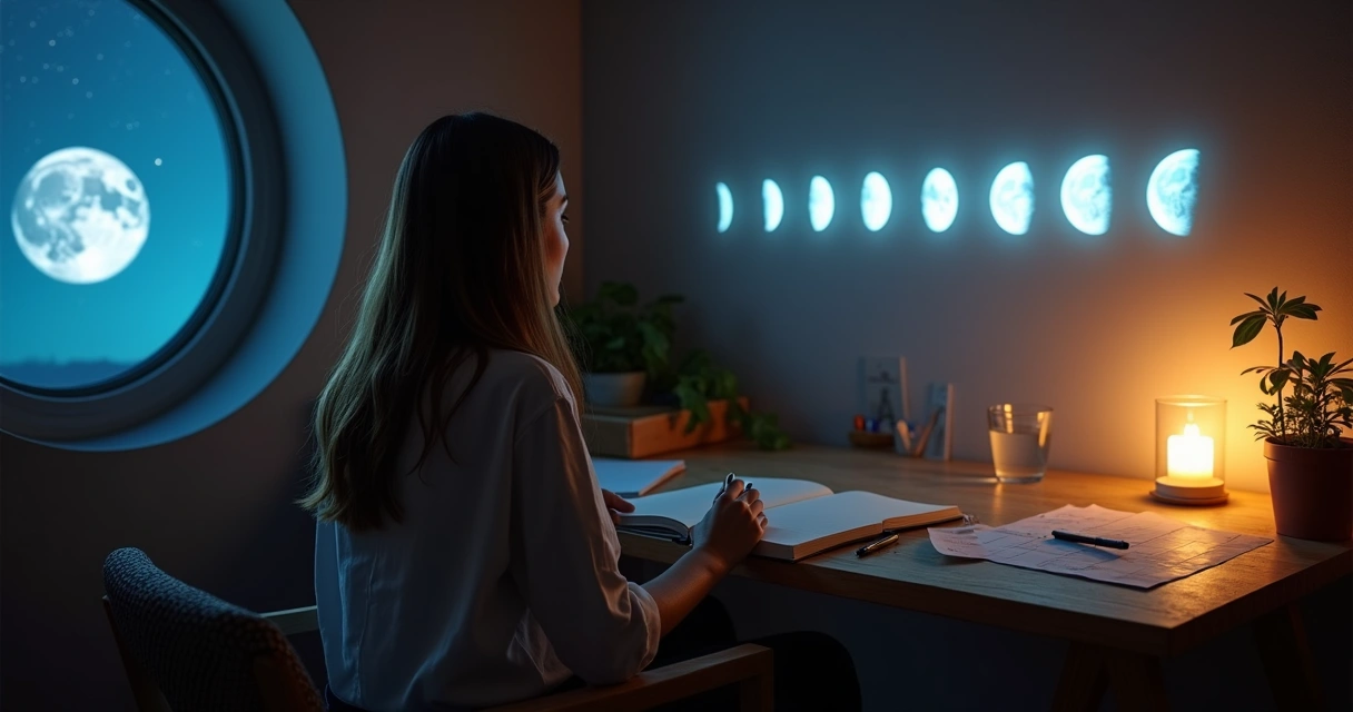 Mulher contemplando fases da lua projetadas em parede enquanto escreve em diário 
