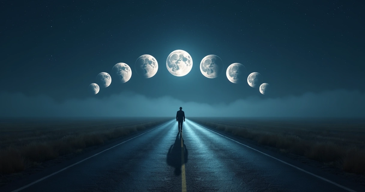 Silhueta caminhando em estrada iluminada por fases da lua no céu 