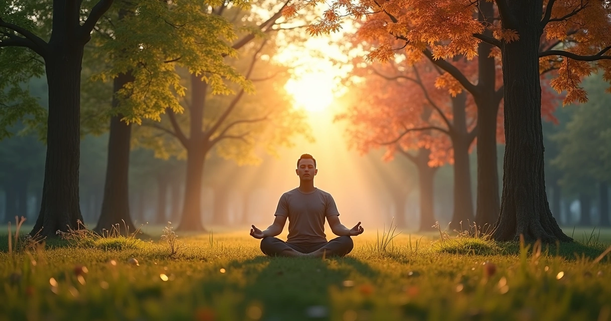 Pessoa meditando em clareira enquanto ciclo das estações gira ao redor 