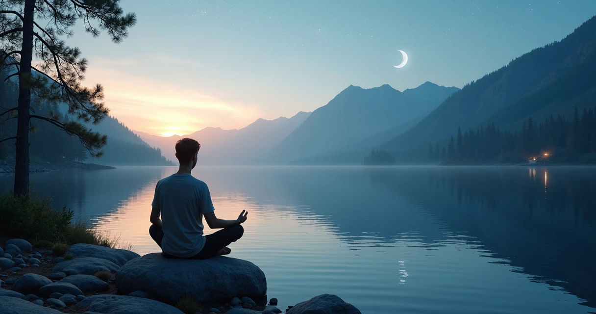 Pessoa meditando à beira de lago refletindo ciclo dia e noite no céu 