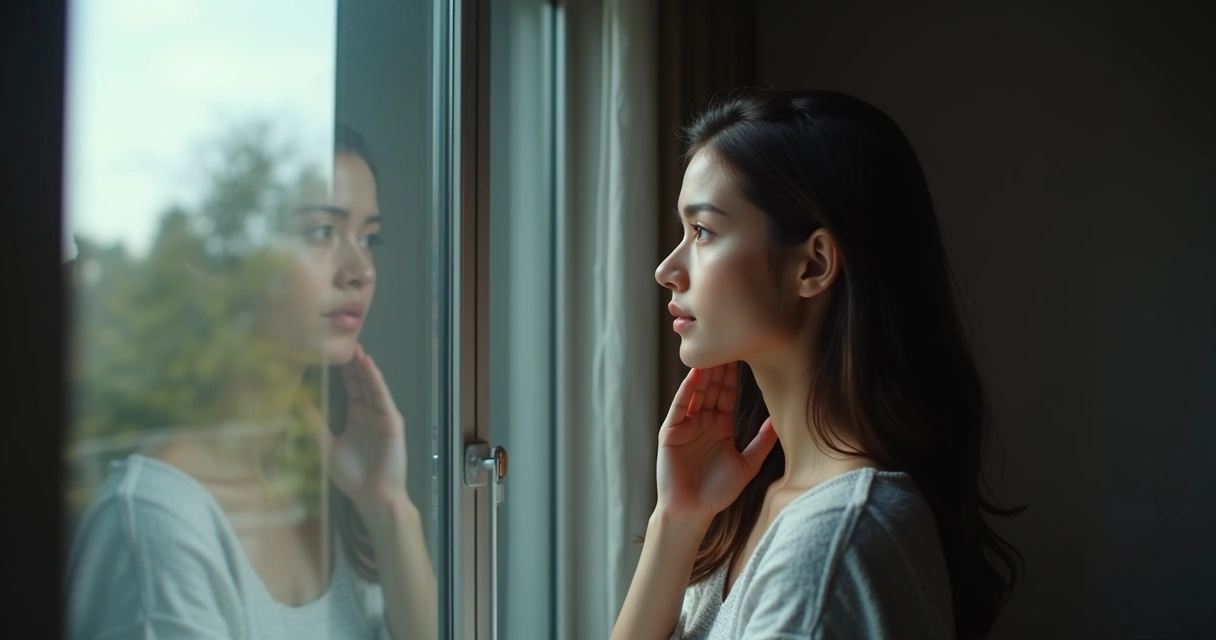 Persona mirando por la ventana, reflejo que muestra expresión pensativa al observar su vida 