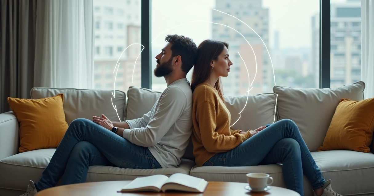 Casal sentado de costas um para o outro em um sofá formando visualmente um círculo repetitivo ao redor deles 