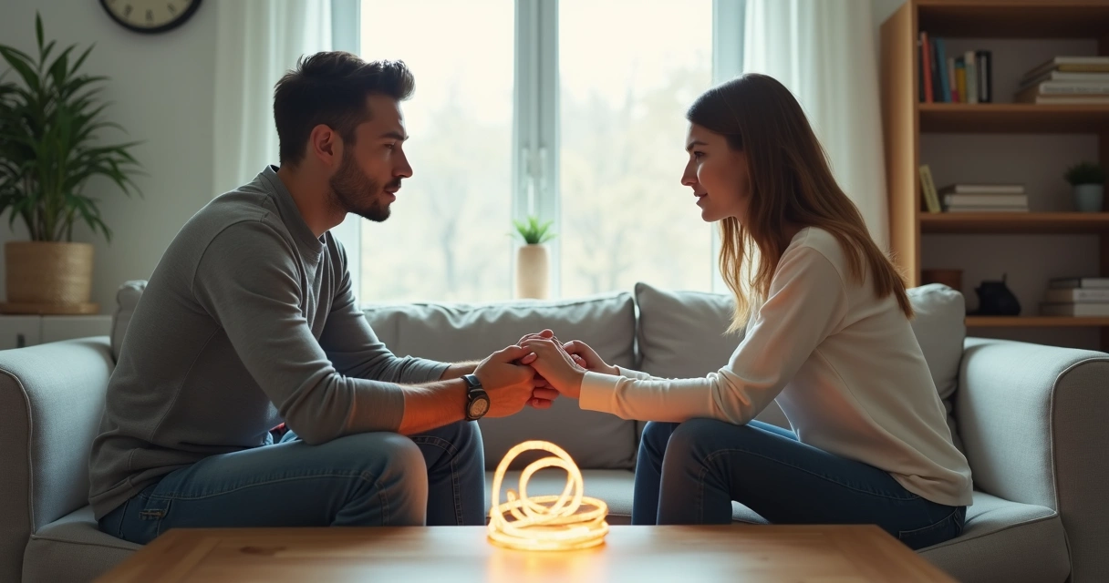 Pareja sentada en un sofá mostrando distancia emocional y patrón repetitivo 