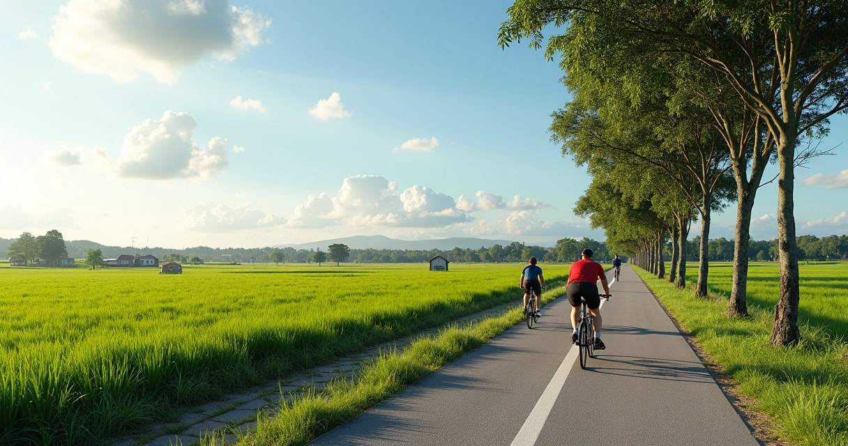 Ciclovia ao lado de uma estrada em cidade do interior com árvores ao fundo