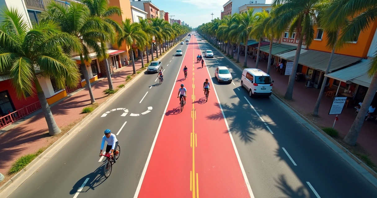 Ciclovia vermelha em avenida movimentada de Natal com ciclistas e carros ao fundo. 