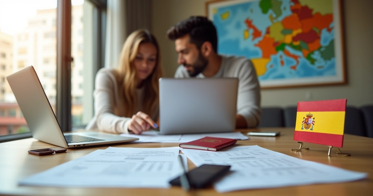 Casal planejando cidadania espanhola com passaporte e bandeira da Espanha na mesa 