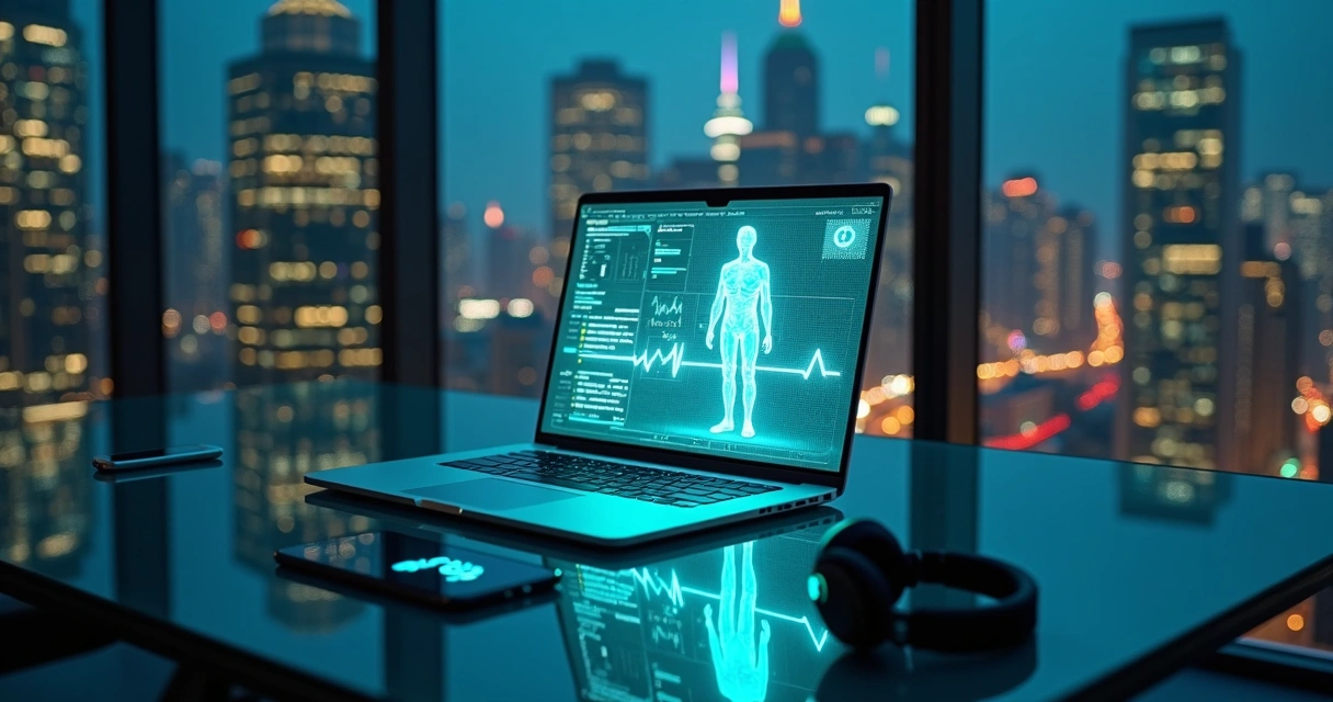 Mapa de teleconsulta projetado em holograma sobre notebook em mesa de vidro 